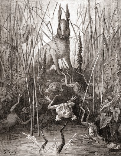 Haren och grodorna, från en utgåva från slutet av 1800-talet av Fables de La Fontaine (trästick) av Gustave Dore