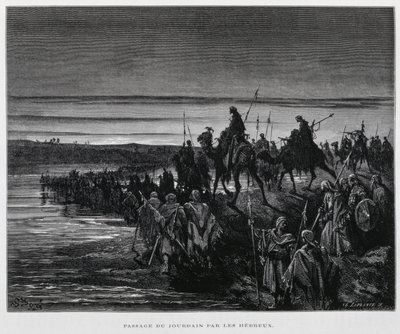 De hebreiska stammarna går in i Kanaan över Jordanfloden, illustration från Dore-bibeln av Gustave Dore