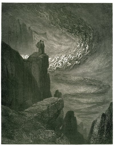 Dante Alighieris helvete (den gudomliga komedin) illustrerad av Gustave Dore. Fransk upplaga av 1861. ”Den infernaliska stormen, som aldrig förblir/Lämnar andarna med sitt rån. (Den infernaliska orkanen, som aldrig stannar, drar andar in i sin virvelvind)" av Gustave Dore