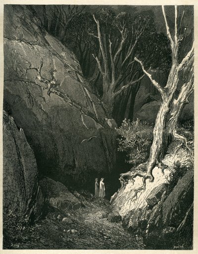 Dante Alighieris Helvetet (Den gudomliga komedin) illustrerad av Gustave Dore. Fransk utgåva från 1861. "Allor si mosse, ed io gli tenni dietro. (Sedan satte han igång, och jag följde honom)", sång 1 v.136. av Gustave Dore