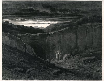 Dante Alighieris Helvetet (Den gudomliga komedin) illustrerad av Gustave Dore. Fransk utgåva från 1861. Dante och Vergilius vid ingången till helvetet: "Lasciate ogni speranza, voi che 
