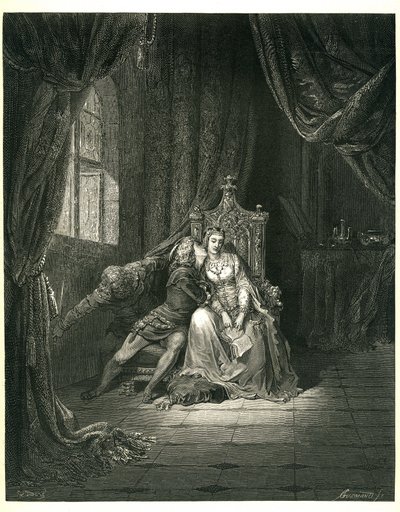 Dante Alighieris Helvetet (Den gudomliga komedin) illustrerad av Gustave Dore. Fransk utgåva från 1861. Francesca da Rimini och hennes älskare: "Quel giorno piu non vi leggemo avante. (Denna dag läser vi inte vidare)", sång 5. v. 138 av Gustave Dore