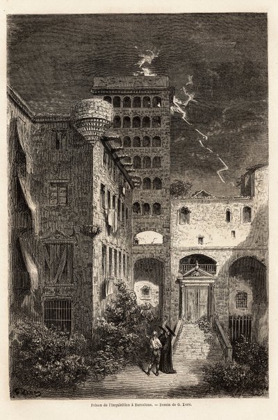 Inkvisitionsfängelset i Barcelona, teckning av Gustave Dore (1832-1883), för att illustrera hans resa till Spanien, med C. Davillier, 1862. Gravyr i "" Le tour du monde ", redigerad av Edouard Charton av Gustave Dore
