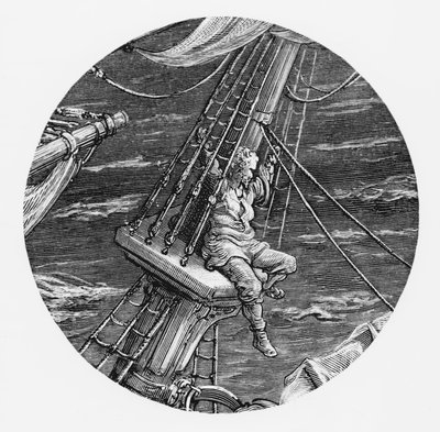 The Mariner uppe i bajset på skeppet, scen från "The Rime of the Ancient Mariner" av S.T. Coleridge, publicerad av Harper und Brothers, New York, 1876 (trägravyr) av Gustave Dore
