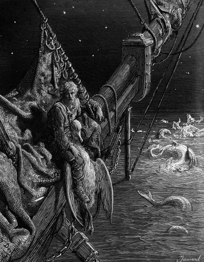 The Mariner stirrar på ormarna i havet, scen från "The Rime of the Ancient Mariner" av S.T. Coleridge, publicerad av Harper und Brothers, New York, 1876 (trägravyr) av Gustave Dore