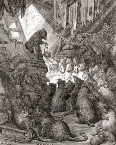 Mössen i rådet, även kända under titlarna "Belling the Cat" och "The Bell and the Cat", från en sena 1800-talsutgåva av "Fables de La Fontaine" (trägravyr) av Gustave Dore