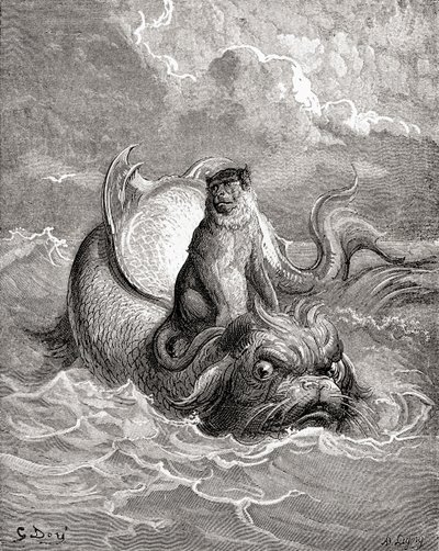 Apan och delfinen efter ett verk av Gustave Dore till en fabel av La Fontaine. Ur Gustave Dores liv och minnen, publicerad 1885. av Gustave Dore