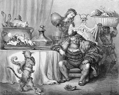Ogren tar emot katten, illustration för "Puss in Boots" av Charles Perrault (1628-1703) 1883 av Gustave Dore