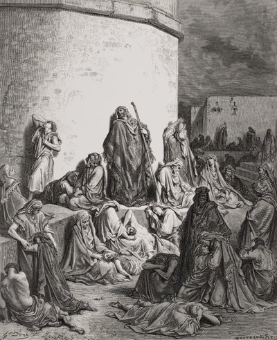 Folket som sörjer över ruinerna av Jerusalem, Klagovisorna 1:1-2 illustration från Dores 