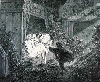 Prinsen kommer in i prinsessans sovrum på det förtrollade slottet, illustration till "Törnrosa" av Charles Perrault (1628-1703) av Gustave Dore