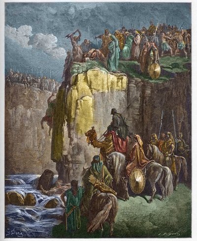 Slakten av Baals profeter - Profeten Elia gör att Baals präster perir - gravyr i "" The Bible illustree"" av Gustave Dore (1832-1883) - Gravyr från "" The Dore Bible"" av Gustave Dore