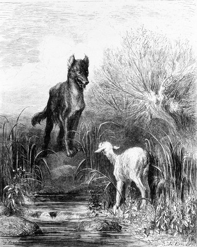 Vargen och lammet "" Fables" från La Fontaine av Doré av Gustave Dore