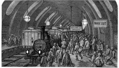 "Arbetarnas tåg". Från Gustave Dore och Blanchard Jerrold London: En pilgrimsfärd till London 1872. Bilden visar ångtåg vid Gower Street station på Metropolitan (tunnelbanan) som öppnade 1863. Arbetare skyndar sig för att hinna med sina morgontåg av Gustave Dore
