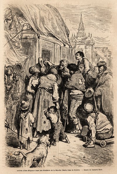 Ankomsten av diligence till ett hotell i Santa Cruz de modela (Mancha-provinsen), överfallen av tiggare som efterlyser almone. Teckning av Gustave Dore (1832-1883). Gravyr för att illustrera resan i Spanien, 1862 av Charles Davillier och Gustave Dore, i av Gustave Dore