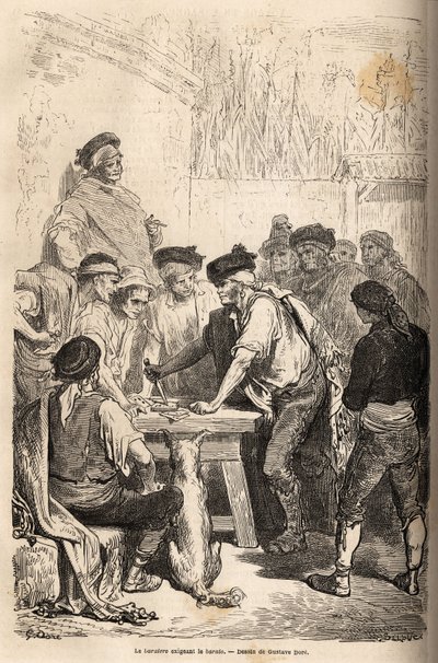 Den baratero vapen av navaja, kräver barato, hyllning som han arrogerar på mängden hemliga spel. Teckning av Gustave Dore (1832-1883), för att illustrera hans resa till Spanien 1862, med Ch. Davillier. Gravyr i "" Le tour du monde", utg av Gustave Dore