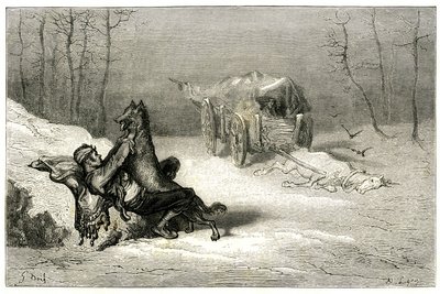 Brigadören Agostin attackeras av en varg, nära den döda hästen som fortfarande nås i vagnen överger komikerna eller gömmer den lilla Chiquita. Gravyr av Gustave Dore som illustrerar Theophile Gautiers roman "Le capitaine Fracasse", edition Charpentier 1863 av Gustave Dore