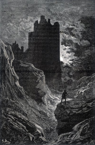 Rädslans slott - illustration av rädsla av Gustave Doré, gravyr av Gustave Dore