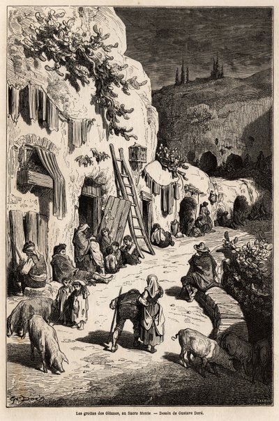 Grottorna (underjordiska hus) av zigenare, i Sacro Monte, i Granada. Teckning av Gustave Dore (1832-1883), för att illustrera hans resa till Spanien 1862, åtföljd av Ch.Davillier. Gravyr i "" Le tour du monde"", redigerad av Edouard Charton av Gustave Dore