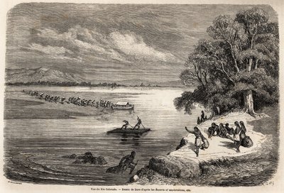 Korsningen av Coloradofloden med flotte, åtföljd av några Mohaves-indianer, teckning av Gustave Dore (1832-1883), för att illustrera Mississippis resa till Stilla havet 1853-54 av Baudouin Mollhausen (1825-1905). Gravyr i "" Le tour du av Gustave Dore