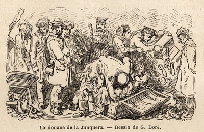 Sederna i junquera (stad belägen mellan Katalonien och provinsen Gerona), teckning av Gustave Dore (1832-1883), för att illustrera hans resa till Spanien, med C. Davillier, 1862. Gravyr i "" Le tour du monde "", redigerad av Edouard Charton av Gustave Dore