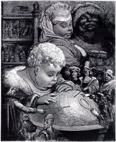 Utbildningen av Gargantua: jätten, barnet, studerar en jordglob med sina lärare, under sina föräldrars ögon av Gustave Dore