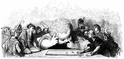 Gant Gargantua-barnets utbildning: han lär sig att spela des. Illustration av Gustave Dore till Francois Rabelais verk. av Gustave Dore
