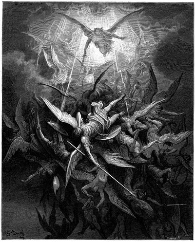 Änglarnas fall (the angels dechus) Illustration av Gustave Dore till "Det förlorade paradiset" av John Milton (1608-1674). Gravyr från 1866. Privat samling av Gustave Dore