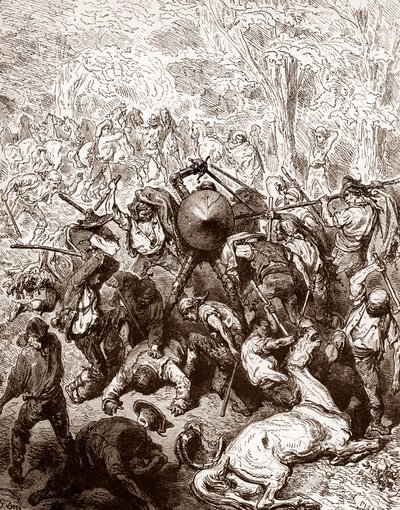 Kampen mot muleteers av Yanguas Gravyr av Gustave Dore (1832-1883) för "The Ingenieux Hidalgo Don Quixotte de la Manche (Quixotte - Quijote)" av Miguel de Cervantes (1547-1616) 1863 Privat samling av Gustave Dore