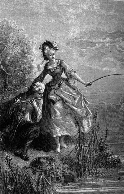 Fisken och herden som spelar flöjt. Ljudet av flöjten fungerar som bete. Fabler av Jean de La Fontaine (1621-1695). Illustration av Gustave Dore. av Gustave Dore