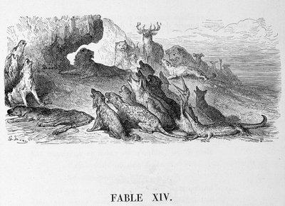 Lejoninnans begravning - i "" Fables"" de La Fontaine, ill. av Doré av Gustave Dore