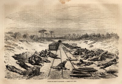 Vilotimman i Argamasilla, de många järnvägsarbetarna som ligger på banan, vilar i full sol. Gravyr för att illustrera resan till Spanien av Gustave Dore (1832-1883) illustratör och baron Ch. Davillier reaktor, 1862, publicerad i "Le tour du monde, nr av Gustave Dore