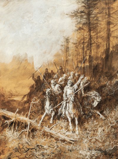 Riddarmarschen, illustration till serier av dikter, Idylls of King av Albert Tennyson (1809-1892), akvarell av Gustave Dore