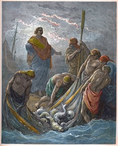 Det mirakulösa draget av fiskar - Mirakulöst fiske - - Gravyr i "The Bible illustree" av Gustave Dore (1832-1883) - Gravyr från "" The Dore Bible"" av Gustave Dore
