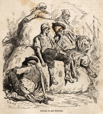 Tuppluren för bärarna i Alicantes hamn, skiss gjord på Gustave Dores livliga (1832-1883), för att illustrera hans resa till Spanien, 1862, med Ch. Davillier. Gravyr i "" Le tour du monde"", redigerad av Edouard Charton av Gustave Dore