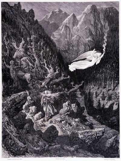 Den gamle mannen som håller en handväska och sin käpp som går i ett fientligt landskap övervinns av en ängel som viftar med en eldhastighet, Platt VII - Illustration av Gustave Dore (1832-1883), för La legende du Jew wandering av Pierre Dupont, Edition Lib av Gustave Dore
