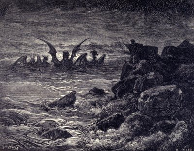 Profeten Daniel ser monster dyka upp: Haniel, Kafziel, Azriel, Aniel. Gravyr från Bibeln illustrerad av Gustave Dore. 1800-talet av Gustave Dore