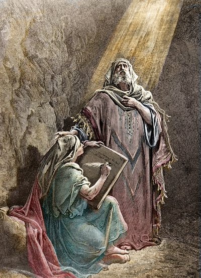 Profeten Jeremie dikterar sina profetier till Baruch - Colorisee-gravyr av Pannemacker, från Gustave Dores bibel (1832-1883) - Jeremiah (650-585 f.Kr.), hebreisk profet. Jeremia dikterar sina profetior till Baruk. Gravyr av Pannemaker, The Bibl av Gustave Dore