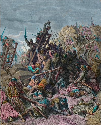 Belägringen av Ptolemais under det tredje korståget 1189 - gravyr av Gustave Dore från History of the Crusades av Joseph-Francois Michaud - Le siege de Saint Jean d
