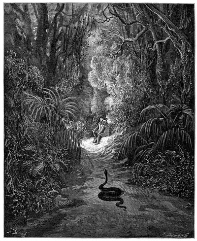 Ormen är på väg mot Adam och Eva. Illustration av Gustave Dore till "Det förlorade paradiset" av John Milton (1608-1674). Gravyr från 1866. Privat samling av Gustave Dore