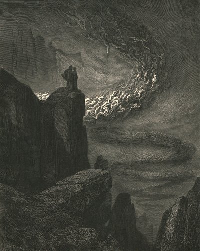 Det stormiga helvetets explosion med rastlös raseri driver andarna vidare, c1890. av Gustave Dore