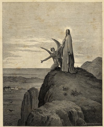 "Kristi frestelse" Jesus leds ut i öknen och frestas av djävulen. Illustration av Gustave Dore (1832-1883) för Bibeln. 1866 av Gustave Dore