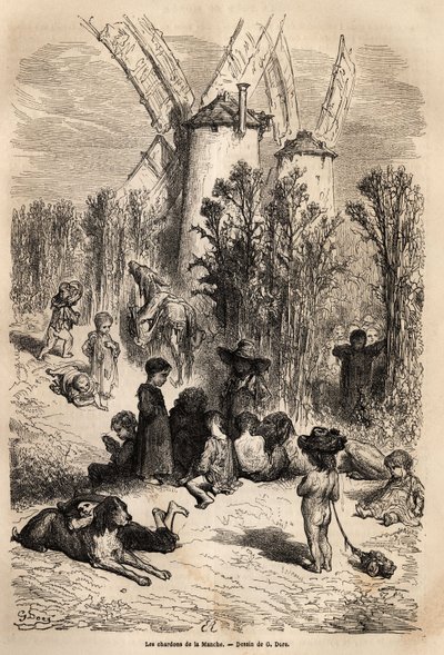 Kanalens tistlar, vid foten av de kvarnar som är kära för Don Quijote, med representation av en jäst, en hundras som är mycket frekvent i regionen (figuren av galgokorredoren som alltid svälter i Don Quijote) och en skara tiggare barn, sant s av Gustave Dore