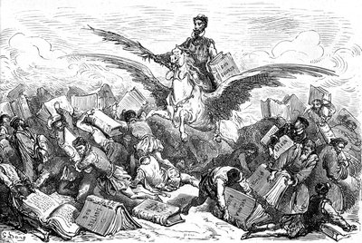 Författaren Cervantes rider på en vinghäst (Pegase), med sin bok "Don Quijote" och en fjäder i handen, och flyger över andra författare som bär (tungt!) på sina böcker. Gravyr av Gustave Dore som illustrerar Hachette-utgåvan från 1869 av boken "L