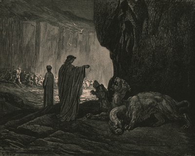 Sedan min guide, hans handflator expanderar på marken, c1890. av Gustave Dore