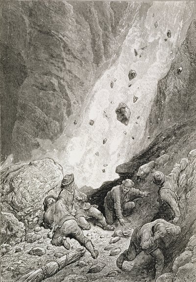 "They Saw Masses of Rocks, Boulders and Stones, Dart Round the Corner", från "The Ascent of the Matterhorn" av Edward Whymper (1840-1911), publicerad 1860-80-talet av Gustave Dore