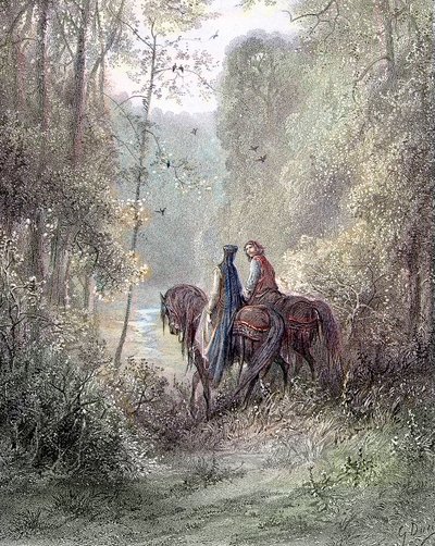 De förlorade under dungar som verkade vara ett paradis av blommor (Guenièvre och Lancelot) - i "" Guenièvre"" av Alfred Tennyson, ill. av Gustave Doré Paris, Librairie Hachette et Cie av Gustave Dore
