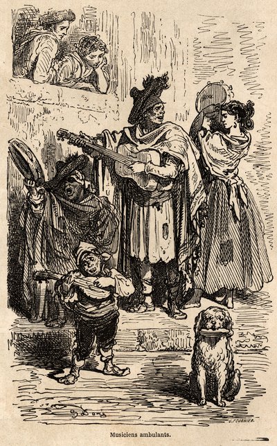 Resande musiker i Valencia, teckning av Gustave Dore (1832-1883), för att illustrera hans resa till Spanien med C.Davillier, 1862. Gravyr i "" Le tour du monde", redigerad av Edouard Charton av Gustave Dore