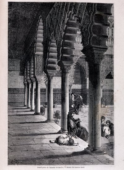 Utsikt över den stora uteplatsen på Alcazar i Sevilla - av Doré, i "" Tour du Monde"", 2:a sem. 1866. av Gustave Dore