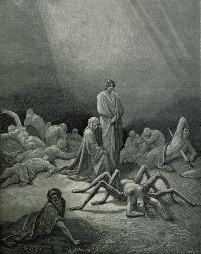 Vergilius (70-19 f.Kr.) och Dante tittar på spindelkvinnan, illustration ur "Den gudomliga komedin" (Inferno) av Dante Alighieri (1265-1321) Paris, publicerad 1885. av Gustave Dore