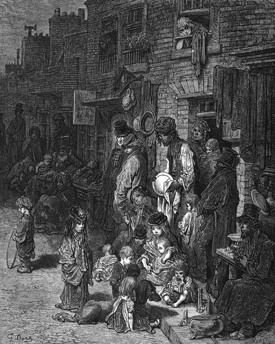 "Wentworth Street, Whitechapel", det fattiga judiska kvarteret i staden: Från Gustave Dore och Blanchard Jerrold London: En pilgrimsfärd till London 1872. Trägravyr av Gustave Dore